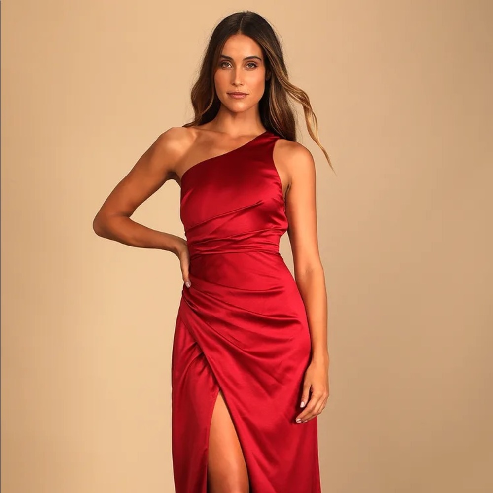 Red Satin One-Shoulder Maxi Dress